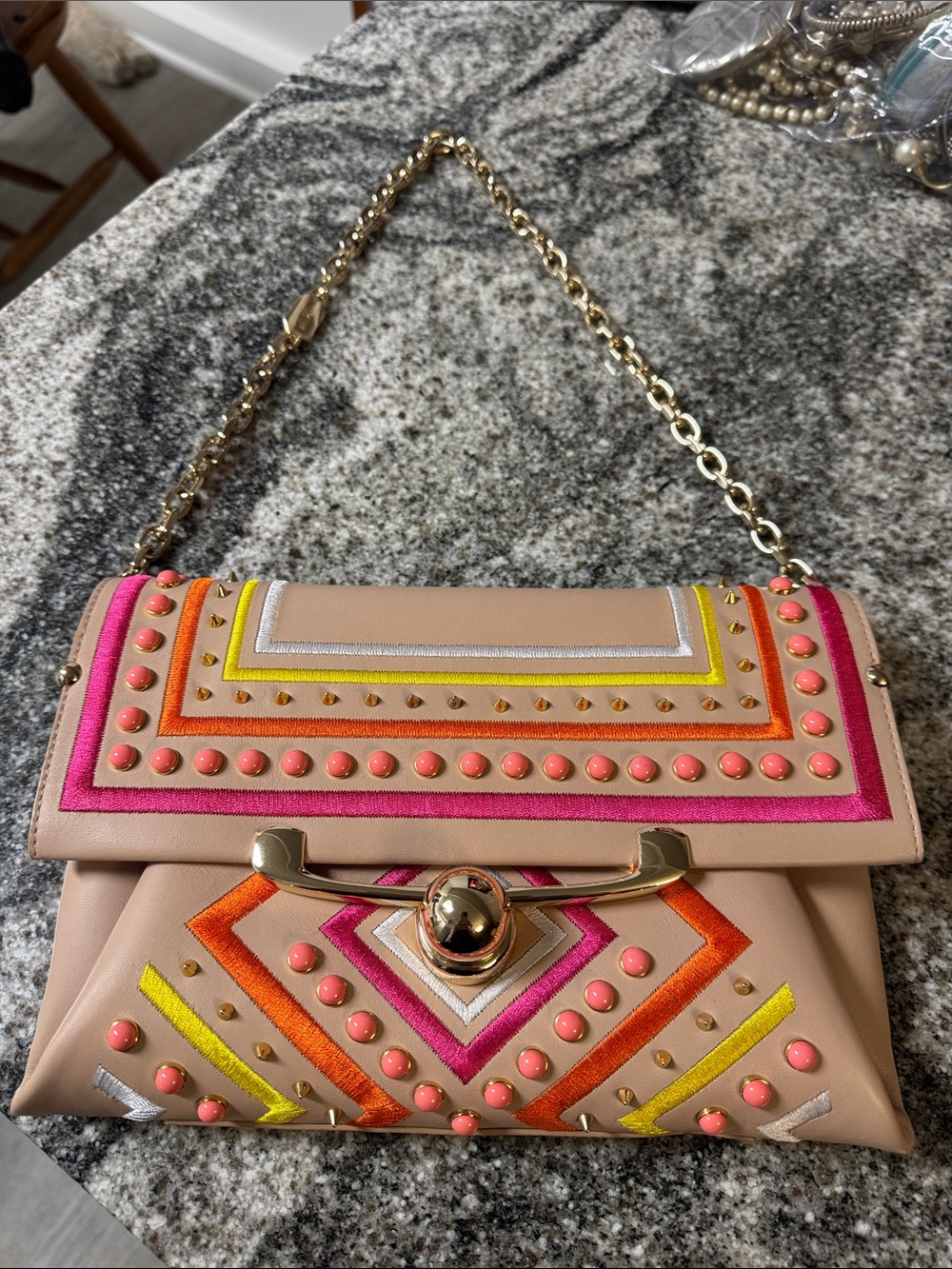 Stuart Weitzman Beige Shoulder Bag with Pink, Orange and Yellow Accents